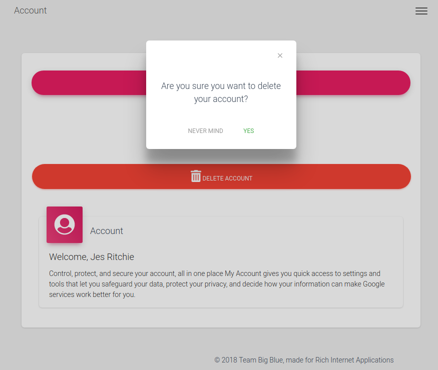 Account Page, delete account