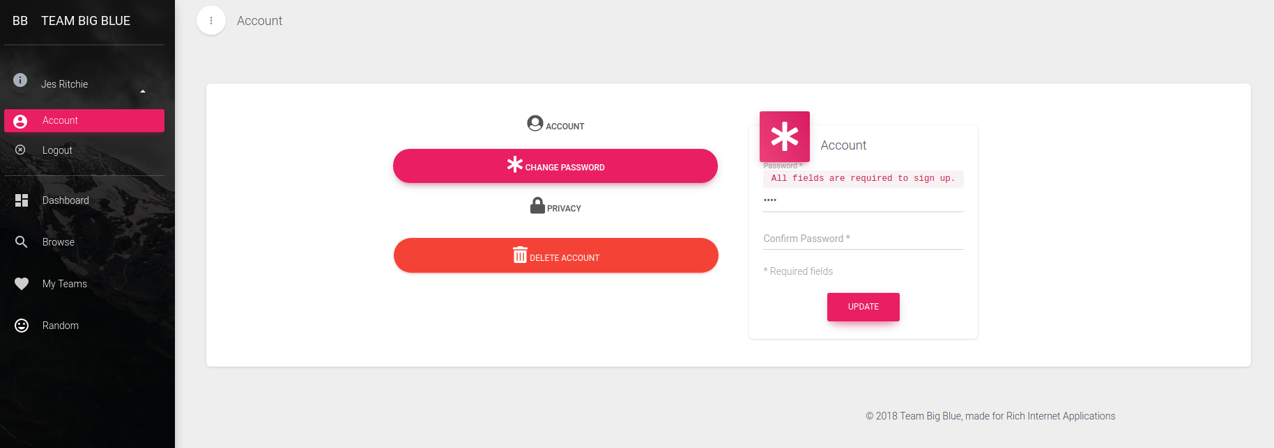 Account Page, change password